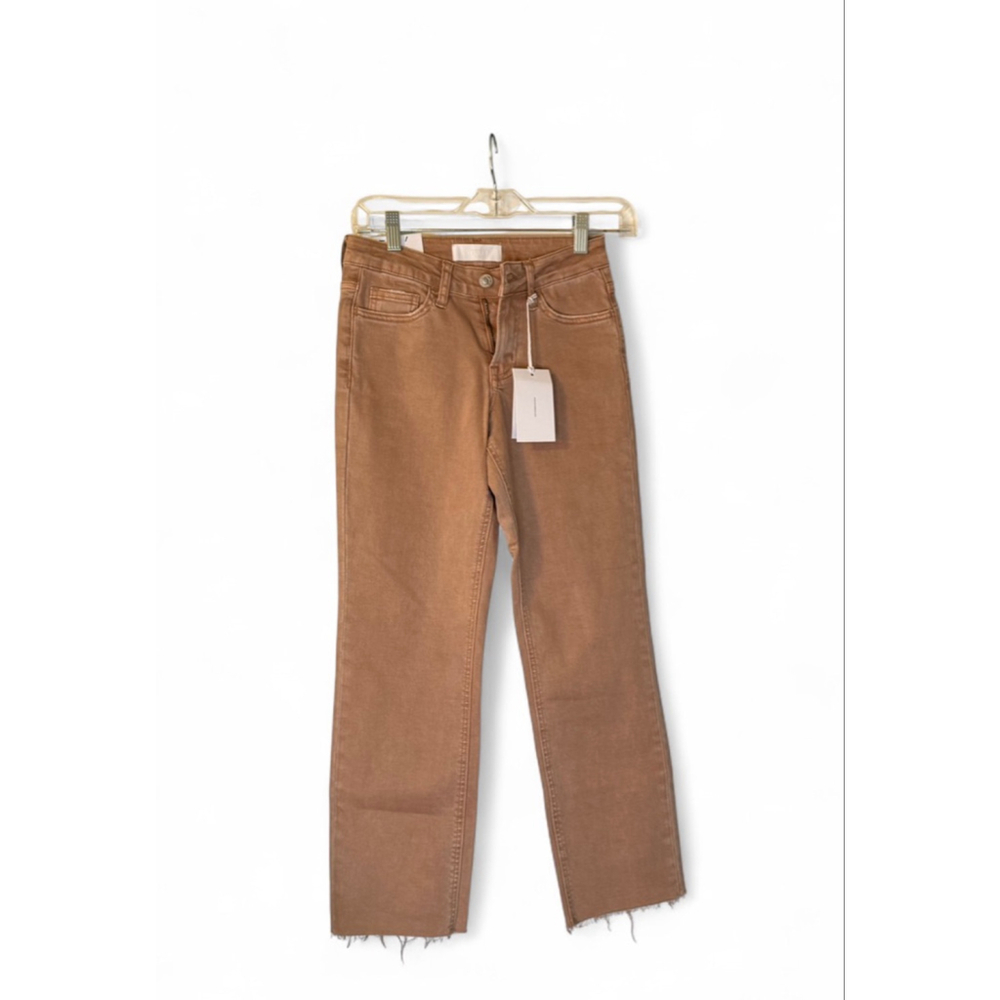 🤎NWT Vervet Mid Rise Straight Jeans Tan Raw Hem Stretch Size 24